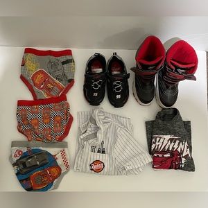 Used lightning McQueen lot shoes and boots size 8 white shirt size 3 grey size 2